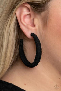 TWINE AND DINE, BLACK CORDING WRAPPED THICK HOOP EARRINGS - PAPARAZZI
